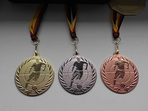 Fanshop Lünen 3 Stück Medaillen - aus Stahl 50mm - Fußball - Ball - Gold - Silber - Bronze - Fussball - Medaillenset - mit Medaillen-Band - (252) - von Fanshop Lünen