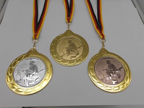 Fanshop Lünen Angeln 3 Stück Medaillen aus Große Stahl 70mm - Gold, Silber, Bronze - Angler - Fische - mit Alu Emblem, 50mm - Gold, Silber, Bronce - mit Medaillen-Band - (9302) von Fanshop Lünen