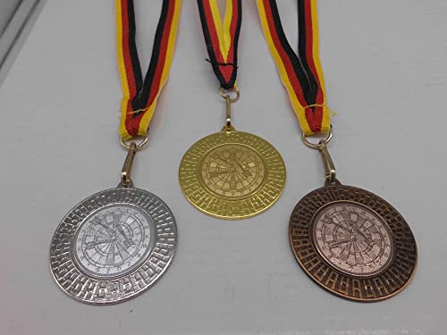 Fanshop Lünen Dart 3 Stück Medaillen aus Stahl 40mm - Gold, Silber, Bronze - Darts - Medaillenset - mit Emblem 25mm - Gold, Silber, Bronce - mit Medaillen-Band - Turnier - (9285) von Fanshop Lünen
