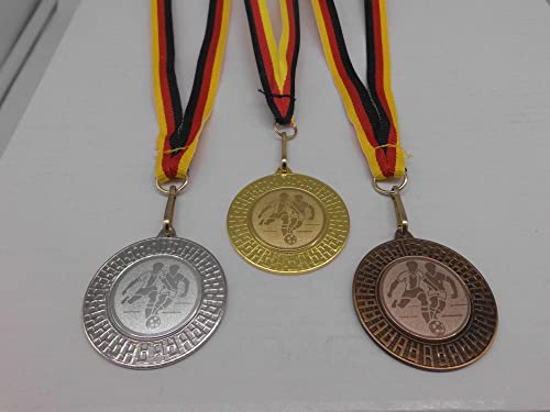 Fanshop Lünen Fussball 3 Stück Medaillen aus Stahl 40mm - Gold, Silber, Bronze - Fußball - Medaillenset - mit Alu Emblem 25mm - Turnier - (9285) von Fanshop Lünen