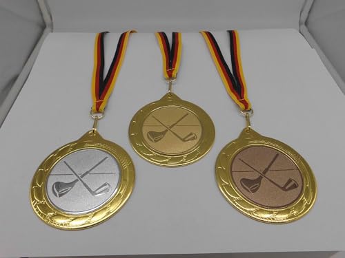 Fanshop Lünen Golf 3 Stück Medaillen Große Metall 70mm - Gold - Minigolf - Golfsport - mit Emblem 50mm - Gold - Silber - Bronce - mit Band&Emblem - (9302) von Fanshop Lünen