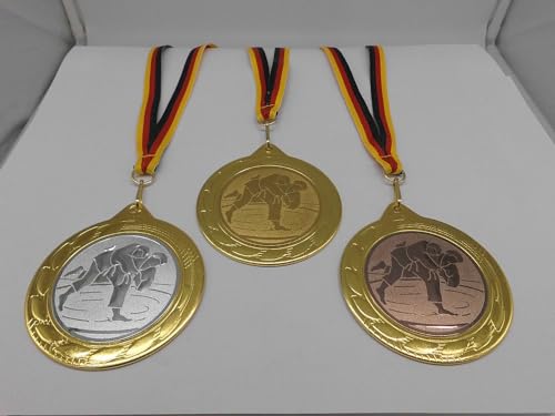 Fanshop Lünen Judo 3 Stück Medaillen Große Metall 70mm - Gold Silber Bronze - Kampfsport - mit Medaillen-Band - mit Emblem 50mm -Gold, Silber, Bronce - Medaillenset - Turnier - (9302) von Fanshop Lünen
