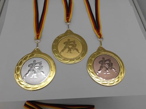 Fanshop Lünen Karate 3 Stück Medaillen Große Metall 70mm - Gold - Kampfsport - mit Emblem 50mm - Gold, Silber, Bronce - mit Band&Emblem - Turnier - (9302) von Fanshop Lünen