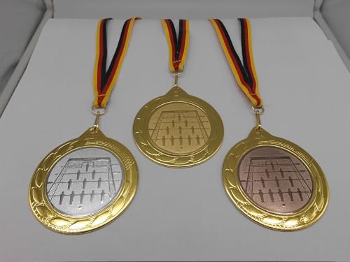 Fanshop Lünen Kicker 3 Stück Medaillen Große Stahl 70mm - Gold - Tischfußball - Medaillenset - mit Alu Emblem 50mm - (Gold, Silber, Bronce) - mit Medaillen-Band - (9302) von Fanshop Lünen