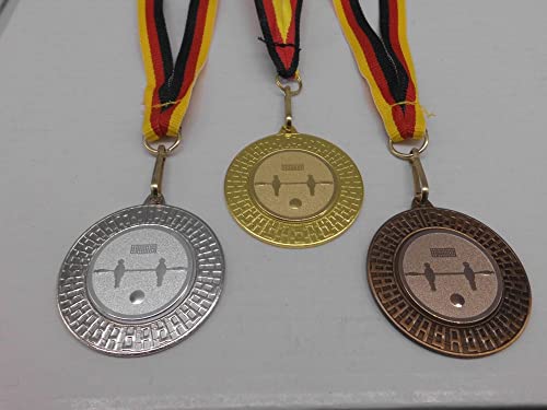 Fanshop Lünen Kicker 3 Stück Medaillen aus Stahl 40mm - Fußball - Gold, Silber, Bronze - Fussball - Medaillenset - mit Medaillen-Band - mit Alu Emblem - Gold, Silber, Bronce - (9285) von Fanshop Lünen