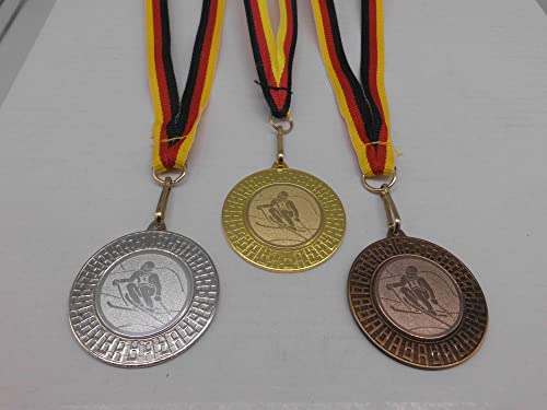 Fanshop Lünen Ski Slalom 3 Stück Medaillen aus Stahl 40mm - Skifahren - Gold, Silber, Bronze - Medaillenset - mit Emblem, 25mm - Gold, Silber, Bronce - (9285) von Fanshop Lünen