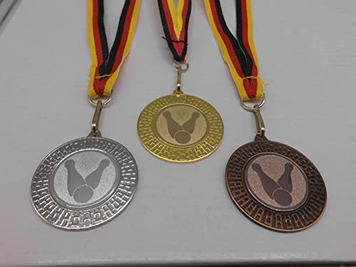 Fanshop Lünen Kegeln 3 Stück Medaillen aus Stahl 40 mm - Kegler - Gold, Silber, Bronze, mit Emblem 25mm - Medaillen-Band - Turnier - (9285) von Fanshop Lünen