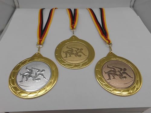 Fanshop Lünen Ringen Medaillen 3 Stück Große Metall 70mm - Gold Kampfsport - mit einem Alu Emblem 50mm, Gold, Silber, Bronce - mit Medaillen-Band - (9302) von Fanshop Lünen