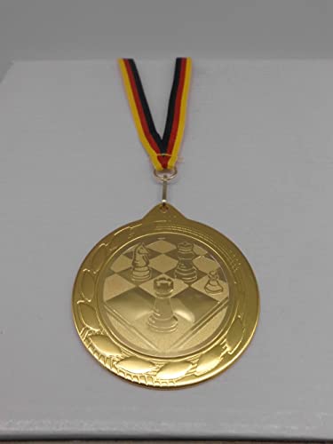 Fanshop Lünen Schach 1 Stück Medaillen - aus Stahl Große 70mm - Schachbrett - inkl. Medaillen Band - Farbe: Gold - mit Alu Emblem, 50mm - (9302) von Fanshop Lünen