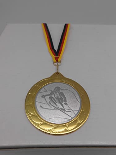 Fanshop Lünen Ski Slalom Skisport 1 Stück Medaillen Große Stahl 70mm, (Gold) - mit Alu Emblem 50mm (Silber) - mit Medaillen-Band (9302) von Fanshop Lünen