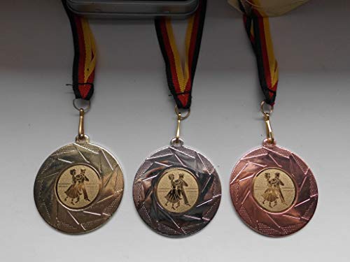 Fanshop Lünen Tanzen 3 Stück Medaillen mit Stahl 50mm - Gold, Silber, Bronze - Tänzer - Turnier - mit Alu Emblem 25mm - Gold - (e101) von Fanshop Lünen