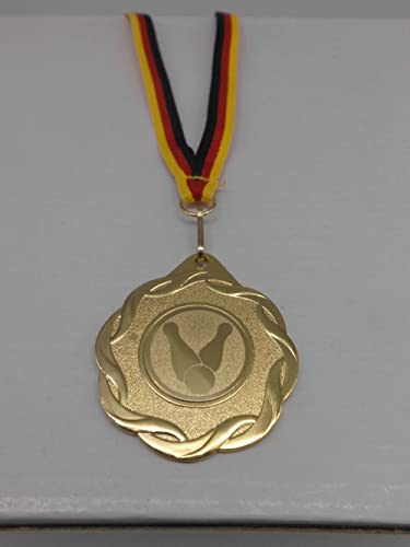 Kegeln 10 Stück Medaillen aus Stahl 50mm mit einem Alu Emblem, 25 mm Kegler - inkl. Medaillen-Band - Farbe: Gold - Turnier - (9336) von Fanshop Lünen