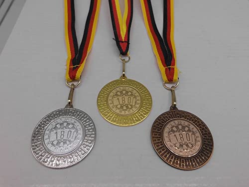 Fanshop Lünen Dart 3 Stück Medaillen aus Stahl 40 mm - Gold, Silber, Bronze - Medaillenset - Darts 180" - mit Emblem 25mm - Gold, Silber, Bronce - Medaillen-Band - Turnier - (9285) von Fanshop Lünen