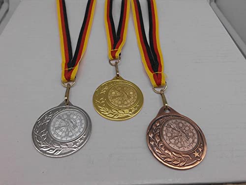 Fanshop Lünen Dart 3 Stück Medaillen aus Stahl 40mm Gold, Silber, Bronze - Darts - Medaillenset - Emblem 25mm - Gold, Silber, Bronce - mit Medaillen-Band - (9283) von Fanshop Lünen