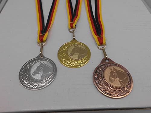 Fanshop Lünen Reiten 3 Stück Medaillen Stahl 40mm - Gold, Silber, Bronze - Reitsport - mit Emblem 25mm Gold, Silber, Bronce mit Medaillen-Band - (9283) von Fanshop Lünen