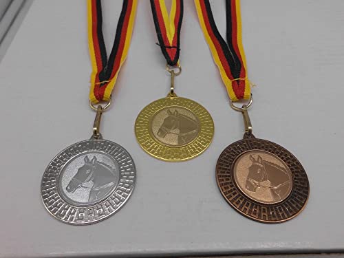 Reiten 3 Stück Medaillen aus Stahl 40mm - Medaillen - Gold, Silber, Bronze - Reitsport - Dressur - Springen - Pferde - mit Emblem 25mm Gold, Silber ,Bronce - Medaillenset - Medaillen-Band - (9285) von Fanshop Lünen