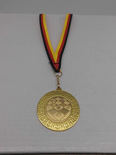 Schach 1 Stück Medaillen aus Stahl 40mm mit Alu Emblem - Schachbrett - inkl. Medaillen Band - Farbe: Gold - Turnier - (9285) von Fanshop Lünen