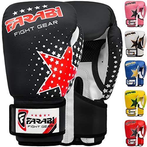 Farabi Kinder Boxhandschuhe 6-Unzen, Kickboxen Muay Thai Training MMA Sparring Handschuhe, Beste Handschuhe für das Training auf Boxsack, Fokus Pads Übung (Black, 6-oz) von Farabi Sports
