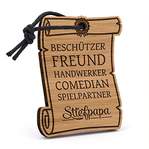 Fashionalarm Schlüsselanhänger Stiefpapa - Urkunde aus Holz mit Gravur | Vatertag Geburtstag Geschenk Idee zum Danke Sagen für Papa Stiefvater von Fashionalarm