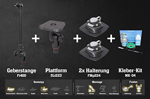 Set: Geberstange + Plattform + 2 x Halterung (110x110mm) + Kleber-Kit Bellyboote, Farbe:schwarz/alu-schwarz von Fasten