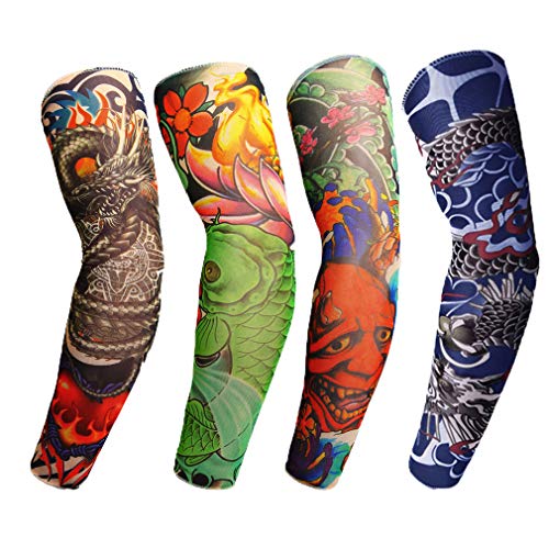 Arm Sleeves Armwärmer Ärmlinge,Tattooärmel Tätowierung,Tatoo Ärmlinge,Tattoo Armstulpen UV-Sonnenschutz für Unisex für Radsport Golf Basketball Fahren Sport Arm-Kompressions-Hülsen - 4 Stück von Fauhsto