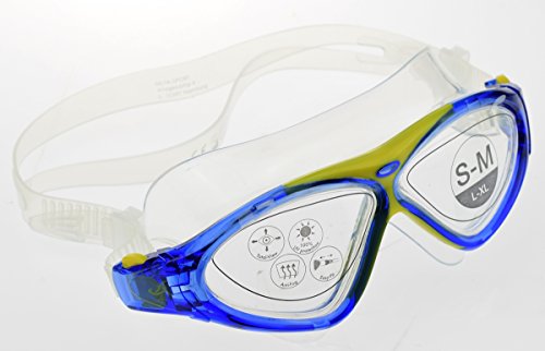 Favory-Shop Schwimmbrille Taucherbrille Wassersportbrille 100% UVA- und UVB- Schutz mit Kunststoffbox (Größe: S/M - Unisex) - gelb/blau von Favory-Shop