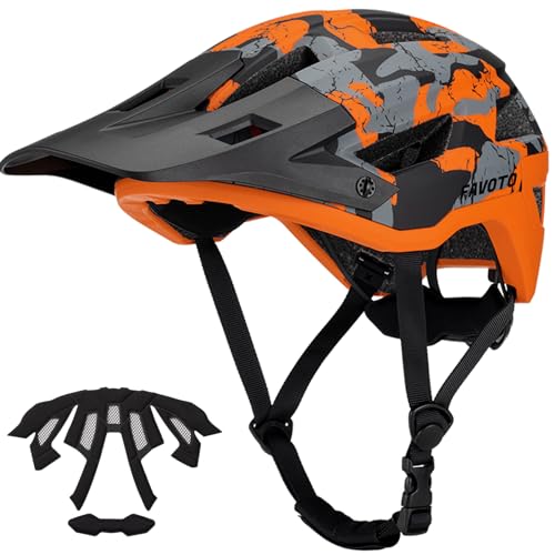 Favoto Mountainbike Fahrradhelm mit Schirm Leicht - Doppelte Inmould Technologie MTB Helm für Damen Herren Rennradhelm 57-61cm Verstellabr Camouflage Orange von Favoto