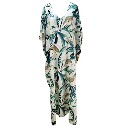 Fcnjsao Eleganter Kimono-Kleid mit Blättern, bedruckt, für Damen, Badeanzug, 135 cm Länge, Kimono, Badeanzug, Überziehkleid für Damen, lange Bademode, Sommer, Strand von Fcnjsao