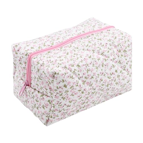 Reise Kosmetiktasche Kulturtasche, Portable Rose Florales Bedruckte, Make-up-Tasche Schminktasche Kosmetiktasch, Gesteppte Kosmetiktasche mit Blumenmuster (Pink) von Feaolala