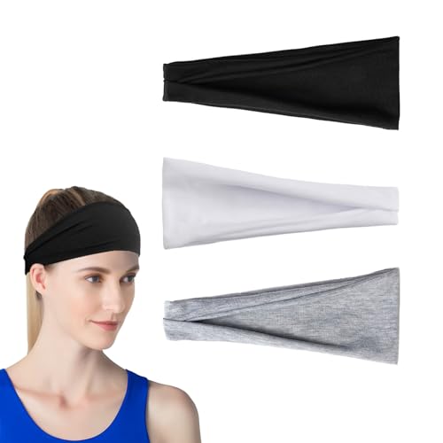 Fecawd 3 x Stirnbänder für Damen, rutschfest, elastisch, Schweiß-Haarbänder, modisch, Sport-Haarbänder, weicher Stoff, dehnbares Stirnband für Workout, Yoga, Laufen von Fecawd