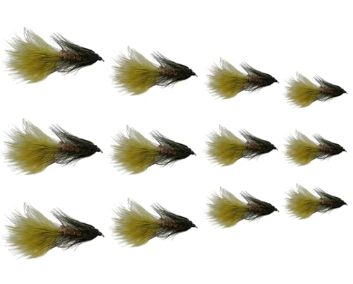 Feeder Creek Fliegen zum Fliegenfischen, 12 Stück Fliegen zum Fliegenfischen, Forellenfliegen und Barschfliegen, 4 Größen, Streamer-Fliegen (Olivgrün/Braun) von Feeder Creek