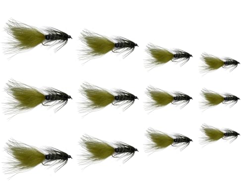 Feeder Creek Fliegen zum Fliegenfischen, 12 Stück Fliegen zum Fliegenfischen, Forellenfliegen und Barschfliegen, 4 Größen, Streamer-Fliegen (Olivgrün/Schwarz, Wollfliegen) von Feeder Creek