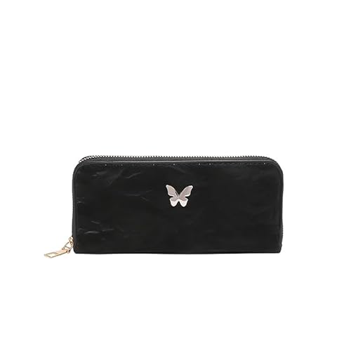 Fehploh Damen-Brieftasche mit Schmetterlings-Reißverschluss, PU-Leder, Handy-Clutch, Geldtasche, einfarbig, Kartenhalter, Handtasche, weiblich, Outdoor-Tasche (schwarz) von Fehploh