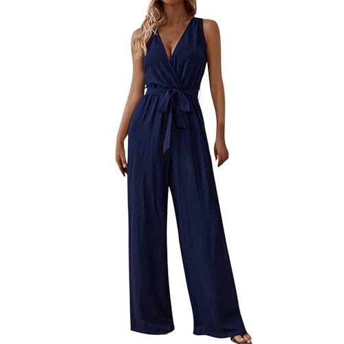 FeiBeauty Faschingskostüme Damen Einfarbig V-Ausschnitt Ärmellos Jumpsuits Lässig Leicht Lang Schlafanzug Kuschelig Gartenhose Jumpsuit Elegant von FeiBeauty