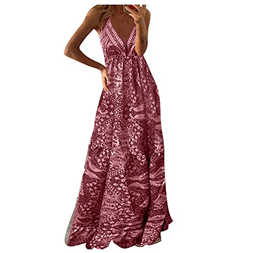 Satin Kleid Wickelkleid Damen Abschlussballkleid Drucken V-Ausschnitt SpaghettiträGer RüCkenfrei Bodenlang Kleid ÄRmellos Hohe Taille Einfarbig A-Linie Kleid Boho Lang Muslimische Kleider (Rosa, Xl von FeiBeauty