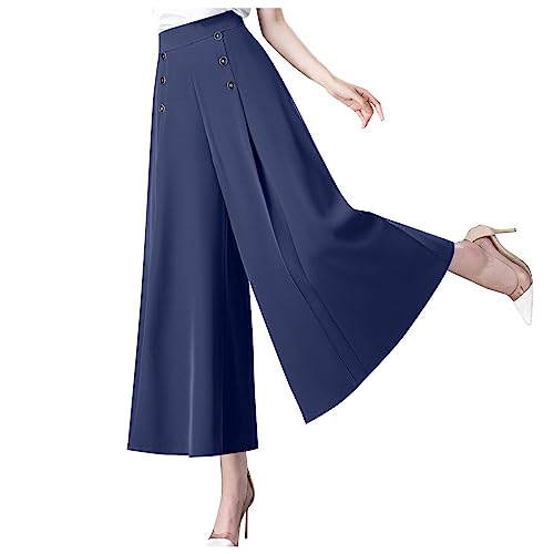 HosenanzüGe FüR Damen Motorradhose Damen Reithose Culottes Hosen Damen Frauen FaltenbestäNdig Weites Bein Leichte Hosenrock Mit Gummizug Und Knopf Sports & Outdoor Clothing (Marine, L) von FeiBeauty