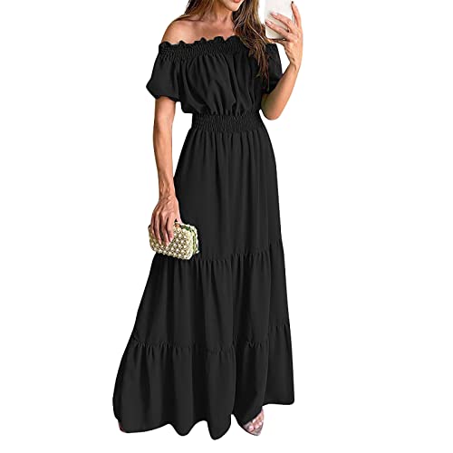 Sommerkleid Damen Kleid Damen elegant leinenkleid Sommer Schulterfrei RüSchen Einfarbig Kurzarm Bodenlang Kleid Sexy Hohe Taille Lang Kleid Elegant A-Linie Tunika Kleid Boho cocktailkleid von Feibeauty