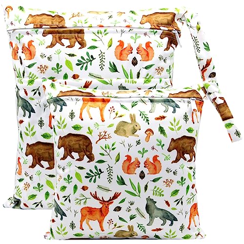 FenFang Windeltasche, 2 Stück Wetbag Organiser Beutel Nasstaschen Wickeltasche Stoffwindeln Taschen mit Wiederverwendbarem Stoff (Weißes Tier) von FenFang