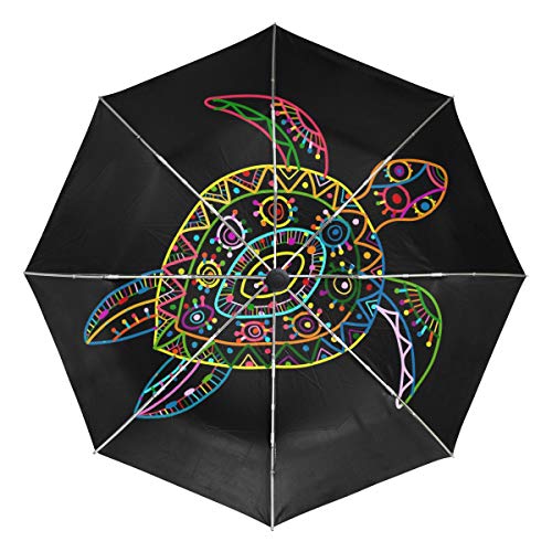 Wamika Bunter Schildkröte Automatischer Regenschirm Tier Blaxk Winddicht Wasserdicht UV-Schutz Reiseschirm – 3 Falten Auto Öffnen/Schließen Knopf Sonne & Regen Auto Regenschirm von Fender