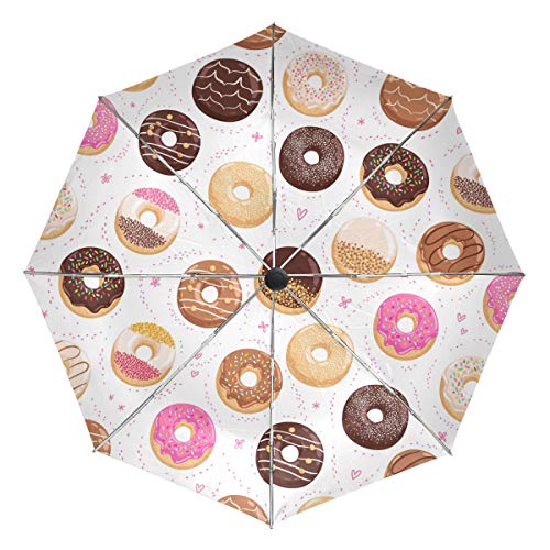 Wamika Donuts Little Hearts Automatischer Regenschirm, bunt, weiß, winddicht, wasserdicht, UV-Schutz, Reise-Regenschirm – 3 Falten, automatisches Öffnen/Schließen, Knopf Sonne & Regen Auto Regenschirm von Fender