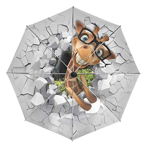 Wamika Little Giraffe Automatischer Regenschirm Tierbrille Winddicht Wasserdicht UV-Schutz Reise Regenschirm – 3 Falten Auto Öffnen/Schließen Knopf Sonne & Regen Auto Regenschirm von Fender