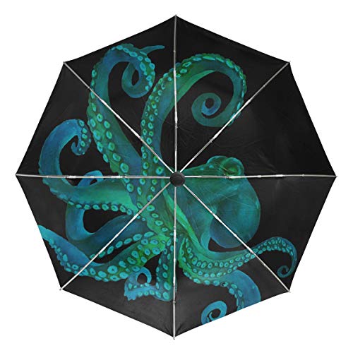 Wamika Octopus Sea Poulpe Automatischer Regenschirm Blau Wasserfarbe Tier Winddicht Wasserdicht UV-Schutz Reiseschirm - 3 Falten Auto Öffnen/Schließen Knopf Sonne & Regen Auto Regenschirm von Fender