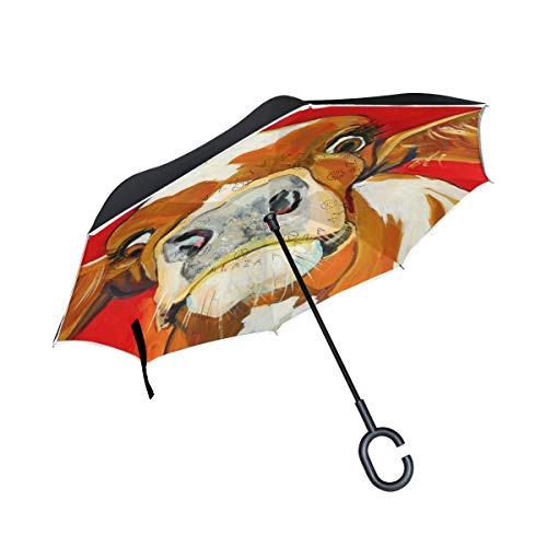 Wamika Regenschirm, Motiv: Ölgemälde, Kuh, umgekehrt, Rot, doppelschichtig, winddicht, selbststehend, UV-Schutz, nicht automatisch, großer gerader Regenschirm mit C-förmigem Griff für Autoregen von Fender