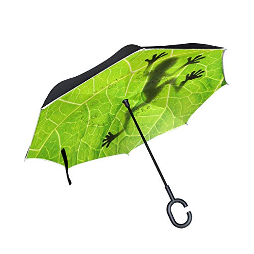 Wamika Regenschirm mit Froschschschatten auf Blättern, umgekehrt, doppelschichtig, Winddicht, selbststehend, UV-Schutz, Nicht automatisch, groß, gerade, Kopf, C-förmiger Griff für Auto Regen von Fender