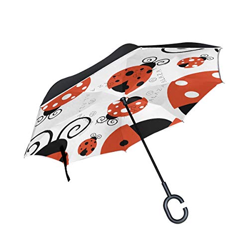 Wamika Regenschirm mit Marienkäfer, umgekehrt, doppelschichtig, Winddicht, selbststehend, UV-Schutz, Nicht automatisch, groß, gerade, umgedreht, C-förmiger Griff für Auto Regen von Fender