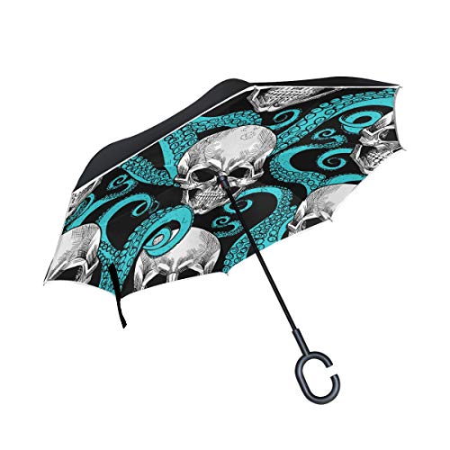 Wamika Regenschirm mit Totenkopf-Motiv, umgekehrt, doppelschichtig, Winddicht, selbststehend, UV-Schutz, Nicht automatisch, groß, gerade, Kopf, C-förmiger Griff für Auto und Regen von Fender