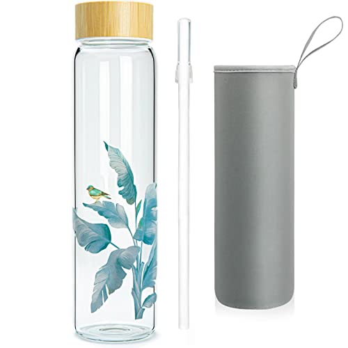 Ferexer 1l Trinkflasche Glas mit Strohhalm, Wasserflasche Glasflasche mit Bambus Deckel 1 Liter von Ferexer