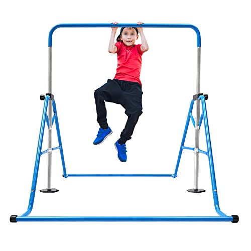 Fermoirper Gymnastik Turnreck Kinder Klappbare Trainingsgeräte Turnstange aus Stahl (Höhenverstellbar von 115cm bis 155cm) Tragfähigkeit bis 100KG fur 5-10 Jahren Kinder (Blau) von Fermoirper