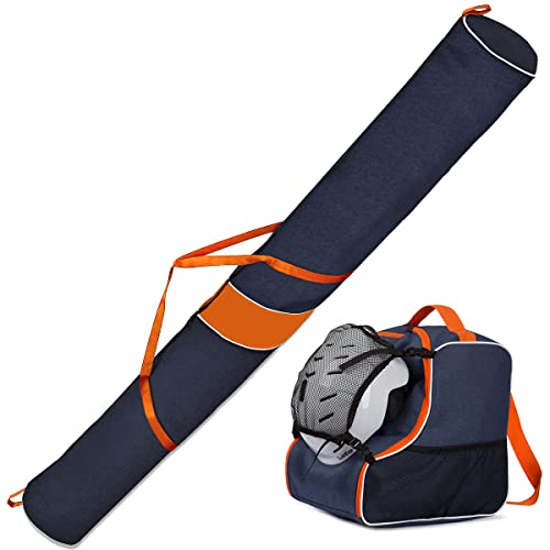 Ferocity Premium Set Skitasche und Skischuhtasche für 1 Paar Ski-Stöcke-Schuhe-Helm mit Abnehmbarer Netztasche Blau Orange [053] von Ferocity