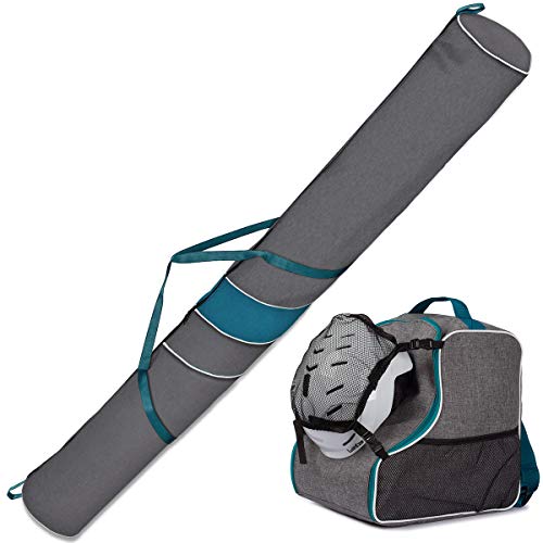 Ferocity Premium Set Skitasche und Skischuhtasche für 1 Paar Ski-Stöcke-Schuhe-Helm mit Abnehmbarer Netztasche Turquoise mit Netz [053] von Ferocity